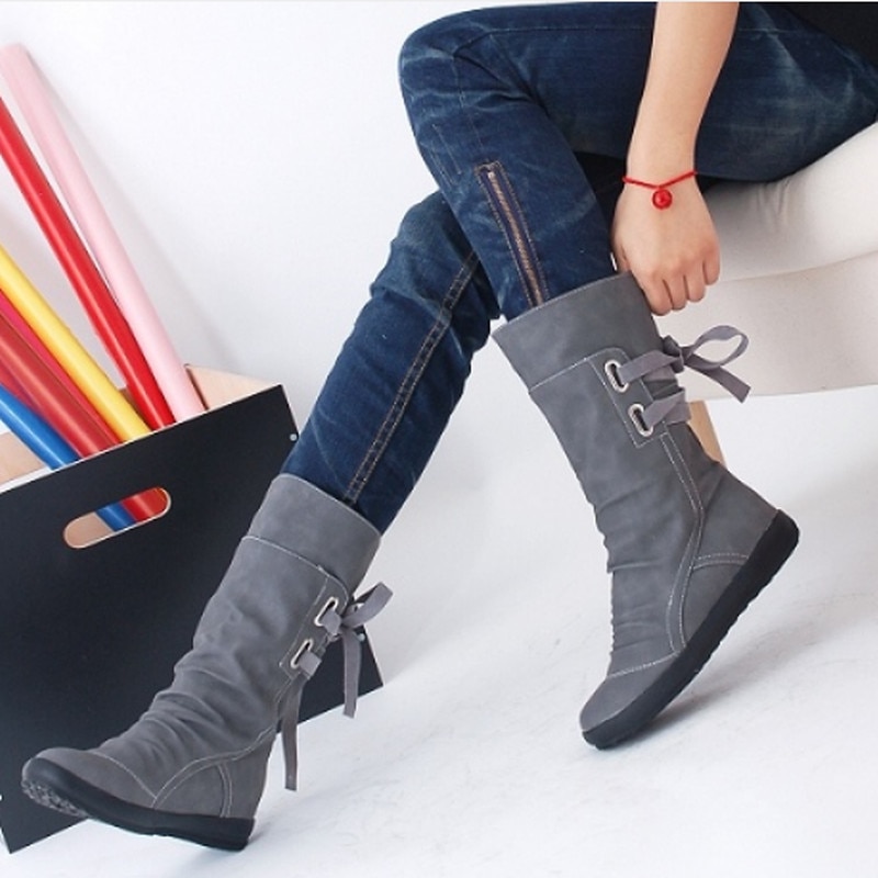 Elegant New Fashion Women Autumn Winter Boots Mid Calf Solid Flat With ...